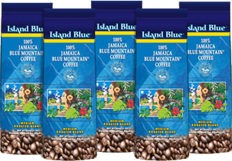 Island Blue® Jamaica Blue Mountain® Coffee 1lb case (5 pak) Roasted Beans (Medium).